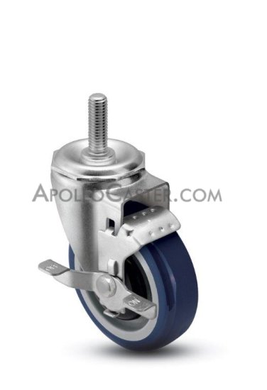 Caster; Swivel; 4\" x 1-1/4\"; PolyU on PolyO (Blue); Threaded Stem; 1/2\"-13TPI x 1\"; Zinc; Precision Ball Brng; 250#; Top lock brake; Dust Cover; Bearing Covers (Item #68122)