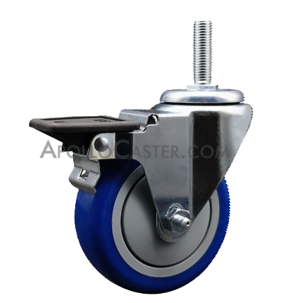 Caster; Swivel; 5\" x 1-1/4\"; PolyU on PolyO (Blue); Threaded Stem (3/4\"-10TPI x 1-3/4\"); Zinc; Ball Brng; 300#; Pedal brake; Dust Cover (Mtl); Thread guards (Item #65897)