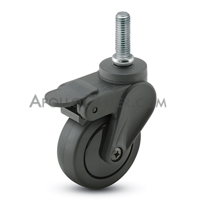(image for) Caster; Swivel; 3\" x 15/16\"; Black PolyU on PolyO; Threaded Stem (3/8\"-16TPI x 3/4\"); Black GFN Rig; Delrin Bushing; 120#; Thread guards; Pedal Brake (Item #64660)