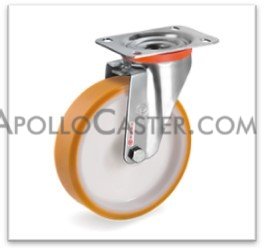 Caster; Swivel; 150mm x 40mm; PolyU on PolyO (Color Varies); Plate (110mmx140mm: holes: 80mmx105mm; 11mm bolt); Stainless; Ball Brng; 660# (Item #63273)