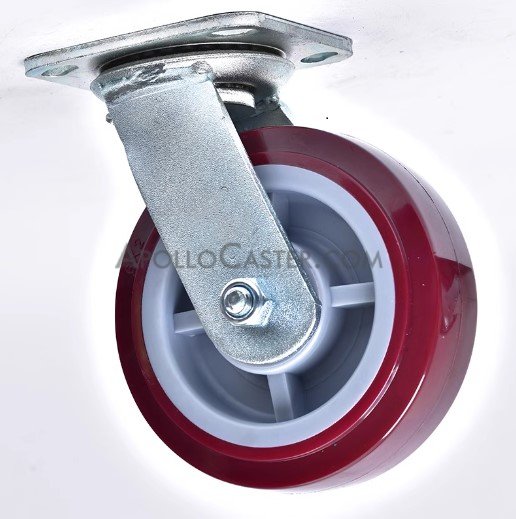 Caster; Swivel; 5\" x 2\"; Red PolyU on PolyO; Plate (4\"x4-1/2\"; holes: 2-5/8\"x3-5/8\" slots to 3\"x3\"; 3/8\" bolt); Stainless; Delrin Bushing; 750# (Item #66253)