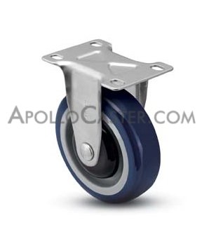 Caster; Rigid; 5\" x 1-1/4\"; PolyU on PolyO (Blue); Plate (3-1/8\"x4-1/8\": holes: 1-3/4\"x2-15/16\" slots to 2-3/8\"x3-3/8\"; 3/8\" bolt); Zinc; Prec BB; 300# (Item #64570)