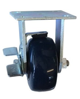 (image for) Caster; Rigid; 4" x 1-1/2"; PolyU on PolyO; Plate; 4"x4-1/2"; holes: 2-5/8"x3-5/8" (slots to 3"x3"); 3/8" bolt; Zinc; Roller Brng; 500#; Brake (Item #67619)