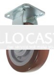 Caster; Rigid; 5"x1-1/2"; PolyU on PolyO (Red); Top Plate (4x4-1/2; holes: 2-5/8x3-5/8 slotted to 3x3; 3/8 bolt); Zinc; Roller Brng; 600# (Item #67000)