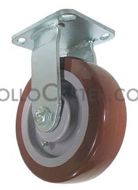 Caster; Rigid; 5\" x 2\"; PolyU on PolyO (Red or Blue); Plate (2-1/2\"x3-5/8\"; holes: 1-3/4\"x2-7/8\" slotted to 3\"; 5/16\" bolt); Zinc; Delrin Bushing; 375# (Item #64086)