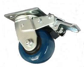 (image for) Caster; Swivel; 4" x 2"; PolyU on PolyO (Blue); Plate (4"x4-1/2"; holes: 2-5/8"x3-5/8" (slotted to 3"x3"); 3/8" bolt); Roller Brng; 500#; Total Lock (Trailing) (Item #66441)