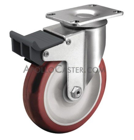 Caster; Swivel; 4\" x 1-1/4\"; PolyU on PolyO (Red); Plate (2-1/2\"x3-5/8\": holes: 1-3/4\"x2-13/16\" (slot to 3-1/16\"); 5/16\" bolt); Ball Brng; 275#; Total Lock Brk (Item #63776)