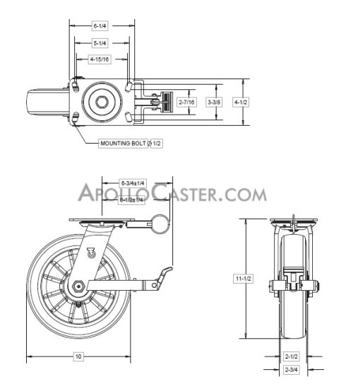 Caster; Swivel; 6\"x3\"; Ductile Steel; Plate (4-1/2x6-1/4; holes: 2-7/16x4-15/16 slots to 3-3/8x5-1/4); Roller Brng; 6000#; KpinLess; Face Brake; Pos Lock (Item #63067)