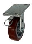 Caster; Swivel; 6x2; PolyU/PolyO (Dk Red); Plate; 4-1/2x6-1/4; holes: 2-7/16x4-15/16 (slotted to 3-3/8x5-1/4); 1/2 bolt; Roller brg; 750#; 4 Pos lock (Item #67557)