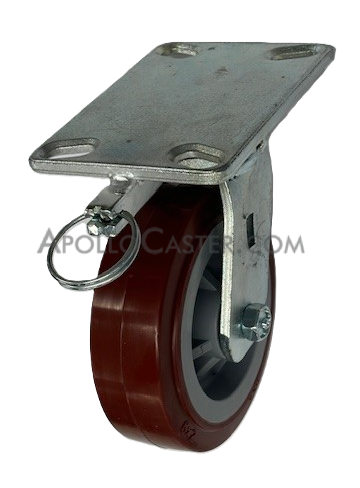 Caster; Swivel; 10\" x 2-1/2\"; Red PolyU on PolyO; Plate (4-1/2\"x6-1/4\"; holes: 2-7/16\"x4-15/16\" slotted to 3-3/8\"x5-1/4\"); Roller Brg; 1800#; 4 Position Lock (Item #65371)