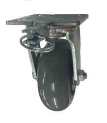 Caster; Swivel; 5" x 2"; PolyU on PolyO (Gray Donut); Plate (4"x4-1/2"; holes: 2-5/8"x3-5/8" slots to 3"x3"; 3/8" bolt); Prec Ball Brngs; 750#; Weld-on Pos Lock (Item #62862)