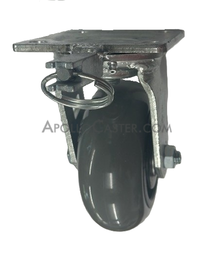 Caster; Swivel; 5\" x 2\"; PolyU on PolyO (Gray Donut); Plate (4\"x4-1/2\"; holes: 2-5/8\"x3-5/8\" slots to 3\"x3\"; 3/8\" bolt); Prec Ball Brngs; 750#; Weld-on Pos Lock (Item #62862)