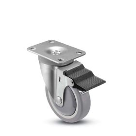 (image for) Caster; Swivel; 3" x 1-1/4"; PolyU on PolyO (Gray); Plate (2-5/8"x3-3/4"; holes: 1-3/4"x2-3/4" slotted to 3"; 5/16" bolt); Prec Ball Brng; 250#; Pedal Brake (Item #64723)