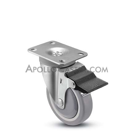 Caster; Swivel; 3\"x1-1/4\"; PolyU on PolyO (Gray); Plate (2-3/8\"x3-5/8\"; holes: 1-3/4\"x2-7/8\" slotted to 3\"; 5/16\" bolt); Zinc; Ball Brng; 250#; Pedal Brake (Item #67283)