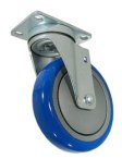Caster; Swivel; 3" x 1-1/4"; PolyU on PolyO (Blue); Plate; 2-1/2x3-5/8; holes: 1-3/4x2-7/8 (slotted to 3); 5/16 bolt; Zinc; Ball Brng; 250#; Thrd Grds (Item #67986)