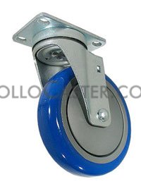 Caster; Swivel; 5\" x 1-1/4\"; PolyU on PolyO (Blue); Plate (3-1/8\"x4-1/8\": holes: 1-3/4\"x2-15/16\" slots to 2-3/8\"x3-3/8\"; 3/8\" bolt); Zinc; Prec BB; 300# (Item #64572)