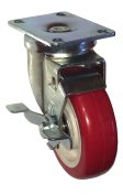 Caster; Swivel; 5"x1-1/2"; PolyU on PolyO (Red); Plate (4x4-1/2; holes: 2-5/8x3-5/8 slotted to 3x3; 3/8 bolt); Zinc; Roller Brng; 600#; Tread Brake (Item #67001)