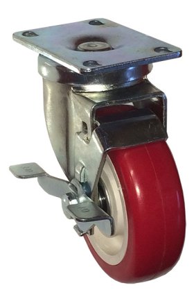 (image for) Caster; Swivel; 5x1-1/4; PolyU on PolyO (Dk Red/Grey); Plate (3-1/8x4-1/8; holes: 1-3/4x2-15/16 slotted to 2-3/8x3-3/8) (5/16 bolt); Prec Ball Brg; 300#; Brake (Item #66494)