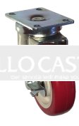 Caster; Swivel; 5"x1-1/2"; PolyU on PolyO (Red); Plate (4x4-1/2; holes: 2-5/8x3-5/8 slotted to 3x3; 3/8 bolt); Zinc; Roller Brng; 600#; Tread Brake (Item #67001)