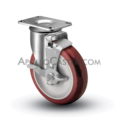 Caster; Swivel; 4\" x 1-1/4\"; PolyU on PolyO (Red); Plate (2-1/2\"x3-5/8\": holes: 1-3/4\"x2-13/16\" (slot to 3-1/16\"); 5/16\" bolt); Zinc; Ball Brng; 275#; Brake (Item #63777)