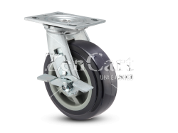 (image for) Caster; Swivel; 8" x 2"; Thermo-Urethane; Plate (4"x4-1/2"; holes: 2-5/8"x3-5/8" slots to 3"x3"; 3/8" bolt); Zinc; Dual Sealed Prec Ball Brng; 1200#; Brake (Item #63750)