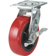 Caster; Swivel; 5" x 2"; PolyU on PolyO (Red/ Black); Plate; 4"x4-1/2"; holes: 2-5/8"x3-5/8" (slotted to 3"x3"); 3/8" bolt; Zinc; Roller Brng; 750#; Wheel Brake (Item #67821)