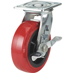 (image for) Caster; Swivel; 5" x 2"; PolyU on PolyO (Red/ Black); Plate; 4"x4-1/2"; holes: 2-5/8"x3-5/8" (slotted to 3"x3"); 3/8" bolt; Zinc; Roller Brng; 750#; Wheel Brake (Item #67821)