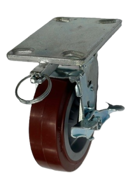 (image for) Caster; Swivel; 8" x 2"; PolyU on PolyO; Plate (4"x4-1/2"; holes: 2-5/8"x3-5/8" slots to 3"x3"; 3/8" bolt); Roller Brng; 1250#; Tread brake; Position Lock (Item #66582)