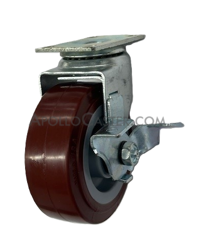 Caster; Swivel; 5\" x 2\"; PolyU on PolyO (Blue); Plate (2-1/2\"x3-5/8\"; holes: 1-3/4\"x2-7/8\" slotted to 3\"; 5/16\" bolt); Zinc; Roller Brng; 375#; Tread brake (Item #65267)