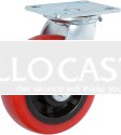 Caster; Swivel; 5"x1-1/2"; PolyU on PolyO (Red); Top Plate (4x4-1/2; holes: 2-5/8x3-5/8 slotted to 3x3; 3/8 bolt); Zinc; Roller Brng; 600# (Item #67002)