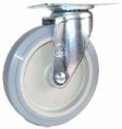 Caster; Swivel; 4" x 1-1/4"; PolyU on PolyO (Gray); Plate (2-3/8"x3-5/8"; holes: 1-3/4"x2-7/8" slotted to 3"; 5/16" bolt); Stainless; Nylon Brng; 300# (Item #66765)