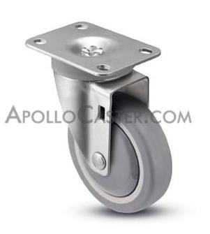 Caster; Swivel; 3 x 1-1/4; PolyU on PolyO (Gr/Bg); Plate; 3-3/4x4-1/2; holes: 2-5/8x3-5/8 (slotted to 3x3); 3/8 bolt; Zinc; Ball Brng; 250#; Thrd Grds (Item #68124)