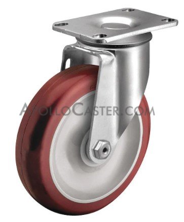 Caster; Swivel; 3\" x 7/8\"; HiTech PolyU on PolyO (Red); Plate (2-1/2\"x3-5/8\": holes: 1-3/4\"x2-13/16\" (slots to 3-1/16\"); 5/16\" bolt); Zinc; Plain bore; 100# (Item #63638)