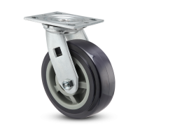 Caster; Swivel; 8" x 2"; Thermo-Urethane; Plate (4"x4-1/2"; holes: 2-5/8"x3-5/8" slots to 3"x3"; 3/8" bolt); Zinc; Dual Sealed Prec Ball Brng; 1200# (Item #63751)
