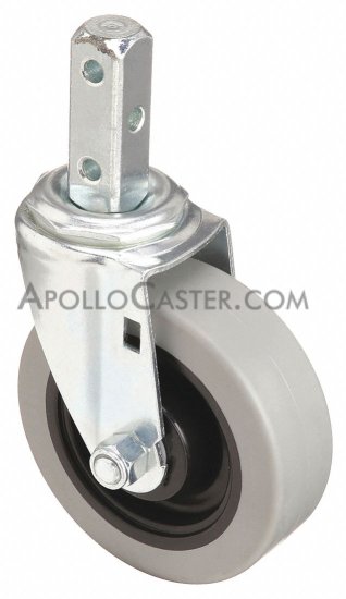 Caster; Swivel; 5\" x 1-1/4\"; 95A PolyU on PolyO; Square Stem (3/4\" x 2-1/8\"; three 17/64\" holes at 1/2\"; 1-1/8\" and 1-3/4\"); Zinc; Prec BB; Thread Grds; 350# (Item #62616)