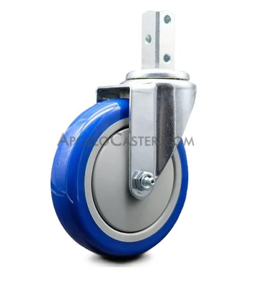 Caster; Swivel; 5\" x 1-1/4\"; 95A PolyU on PolyO; Square Stem (3/4\" x 2-1/8\"; three 17/64\" mounting holes at 1/2\"; 1-1/8\" and 1-3/4\"); Zinc; Ball Brg (Item #63623)