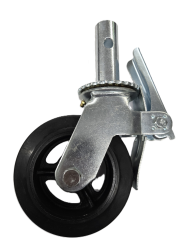Scaffold Caster; Swivel; 6" x 2"; Rubber on Cast Iron; Round Stem (1-3/8"x4"; 1/2" cross-drilled hole 2-1/2" up); Zinc; Roller Brng; 550#; Total Lock (Item #62802)