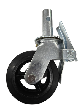(image for) Scaffold Caster; Swivel; 6" x 2"; Rubber on Cast Iron; Round Stem (1-3/8"x4"; 1/2" cross-drilled hole 2-1/2" up); Zinc; Roller Brng; 550#; Total Lock (Item #62802)