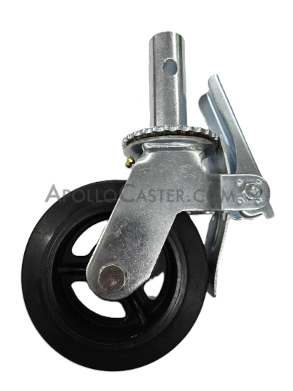 (image for) Scaffold Caster; Swivel; 6\" x 2\"; Rubber on Cast Iron; Round Stem (1-3/8\"x4\"; 1/2\" cross-drilled hole 2-1/2\" up); Zinc; Roller Brng; 550#; Total Lock (Item #62802)