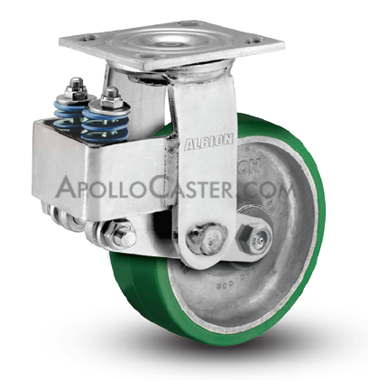 Caster; Swivel; 8\" x 2\"; Rubber on Cast; Plate (4\"x4-1/2\"; holes: 2-5/8\"x3-5/8\" slots to 3\"x3\"); Roller Brng; Spring Loaded (50% deflection at 500#); Swiv Lock (Item #63485)