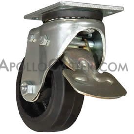 Caster; Swivel; 6\" x 2\"; Rubber on Cast Iron; Plate; 4\"x4-1/2\"; holes: 2-5/8\"x3-5/8\" (slots to 3\"x3\"); 3/8\" bolt; Zinc; Roller Brng; 450#; Total Pedal Lock (Item #67408)