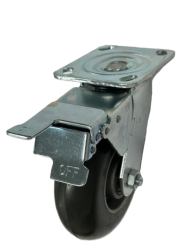 Caster; Swivel; 6" x 2"; Donut Rubber on Alum; Plate; 4"x4-1/2"; holes: 2-5/8"x3-5/8" (slots to 3"x3"); 3/8" bolt; Roller Brng; 400#; Trailing Total Lock Brake (Item #63881)