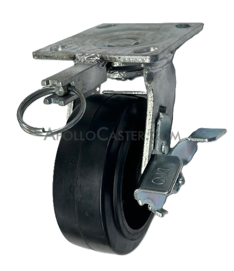 Caster; Swiv; 10\" x 2-1/2\"; Rbr on Cast; Plt (4-1/2\"x6-1/4\"; holes: 2-7/16\"x4-15/16\" slotted to 3-3/8\"x5-1/4\"; 1/2\" blt); Zinc; Rlr Brng; 1000#; Brake; Pos.Lock (Item #62871)