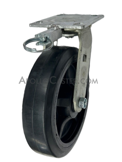 Caster; Swivel; 8\" x 2\"; Rubber on Nylon; Plate (4\"x4-1/2\"; holes: 2-5/8\"x3-5/8\" slotted to 3\"x3\"; 3/8\" bolt); Zinc; Roller Brng; 600#; Position Lock (4-way (Item #64617)