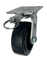 Caster; Swivel; 5" x 2"; Rubber on Cast ; Plate (4-1/2"x6-1/4"; holes: 2-7/16"x4-15/16" slotted to 3-3/8"x5-1/4"; 1/2" bolt); Zinc; Roller Brng; 400#; Pos Lock (Item #66050)