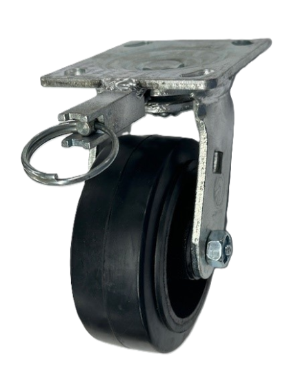 Caster; Swivel; 5\" x 2\"; Rubber on Cast Iron; Plate; 4\"x4-1/2\"; holes 2-5/8\"x3-5/8\" (slotted to 3\"x3\"); 3/8\" bolt; Zinc; Roller Brng; 450#; Pos Lock (Item #68926)