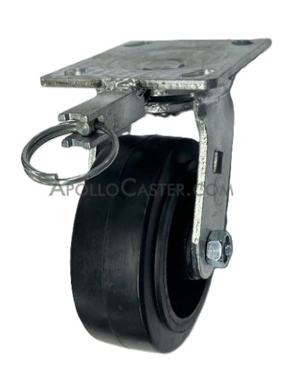 Caster; Swivel; 6\" x 2\"; Rubber on Cast; Plate (4-1/2\"x6-1/4\"; holes: 2-7/16\"x4-15/16\" slotted to 3-3/8\"x5-1/4\"; 1/2\" bolt); Zinc; Roller Brng; 550#; Pos Lock (Item #66045)