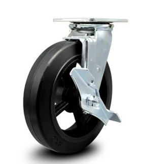 (image for) Caster; Swivel; 8" x 2"; Rubber on Cast Iron; Plate (4"x4-1/2"; holes: 2-5/8"x3-5/8" slots to 3"x3"; 3/8" bolt); Roller Brng; 600#; Position Lock (4-way); Brake (Item #63430)