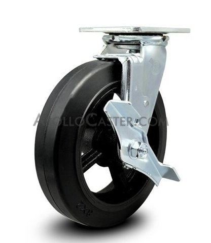 Caster; Swivel; 4 x 1-1/2; Rubber on Cast Iron; Plate; 2-1/2x3-5/8; holes: 1-3/4x2-7/8 (slotted to 3); 5/16 bolt; Zinc; Roller Brng; 300#; Brake (Item #67684)