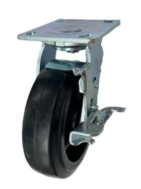 (image for) Caster; Swivel; 6"x2"; Rubber on Cast; Plate (4-1/2"x6-1/4"; holes: 2-7/16"x4-15/16" slotted to 3-3/8"x5-1/4"; 1/2" bolt); Zinc; Roller Brng; 550#; Tread Brake (Item #66043)